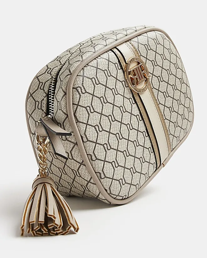 River Island Beige RI monogram print cross body bag Cream Hot