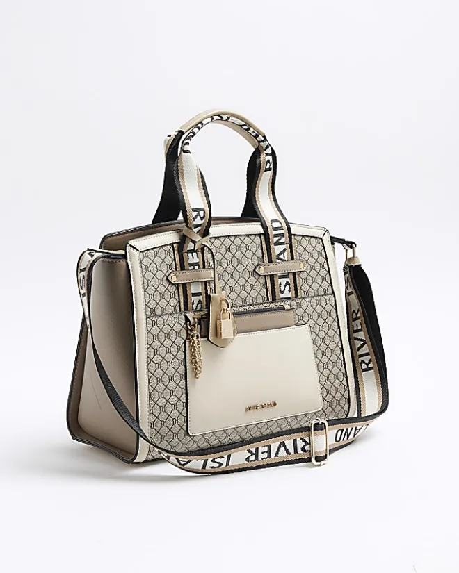 River Island Beige RI monogram tote bag Cream Hot
