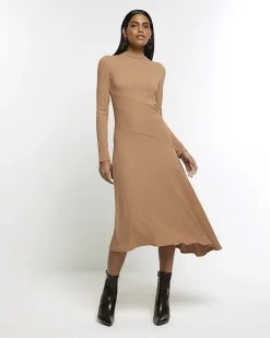 River Island Beige rib asymmetric bodycon midi dress Cream New