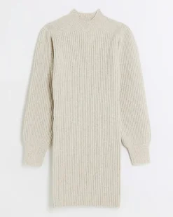 River Island Beige rib puff sleeve jumper mini dress Cream Sale