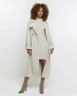 River Island Beige rib puff sleeve jumper mini dress Cream Sale
