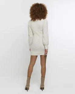 River Island Beige rib puff sleeve jumper mini dress Cream Sale