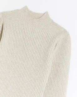 River Island Beige rib puff sleeve jumper mini dress Cream Sale