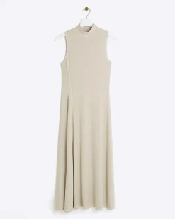 River Island Beige rib sleeveless midi dress Cream Clearance