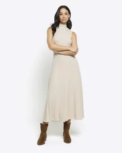 River Island Beige rib sleeveless midi dress Cream Clearance