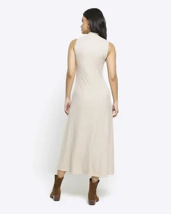 River Island Beige rib sleeveless midi dress Cream Clearance