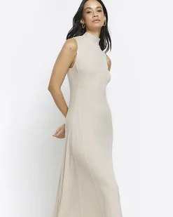 River Island Beige rib sleeveless midi dress Cream Clearance