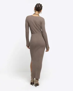 River Island Beige rib tie waist jumper maxi dress Cream Hot