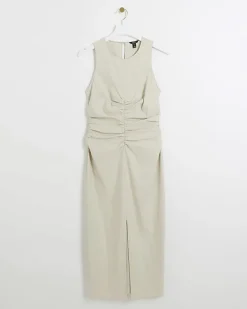River Island Beige ruched split bodycon midi dress Cream Fashion