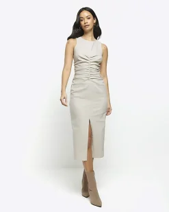 River Island Beige ruched split bodycon midi dress Cream Fashion