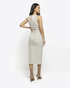 River Island Beige ruched split bodycon midi dress Cream Fashion