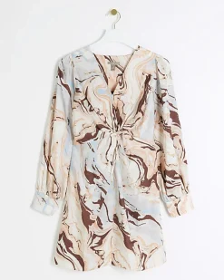 River Island Beige Satin Marble print Shift Mini Dress Pink Clearance
