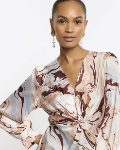 River Island Beige Satin Marble print Shift Mini Dress Pink Clearance