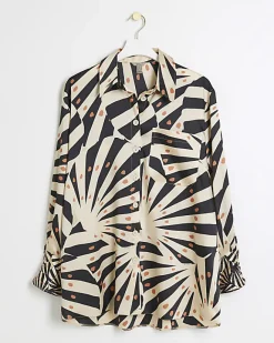 River Island Beige satin stripe oversized shirt Cream New