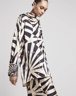 River Island Beige satin stripe oversized shirt Cream New