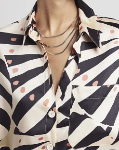 River Island Beige satin stripe oversized shirt Cream New