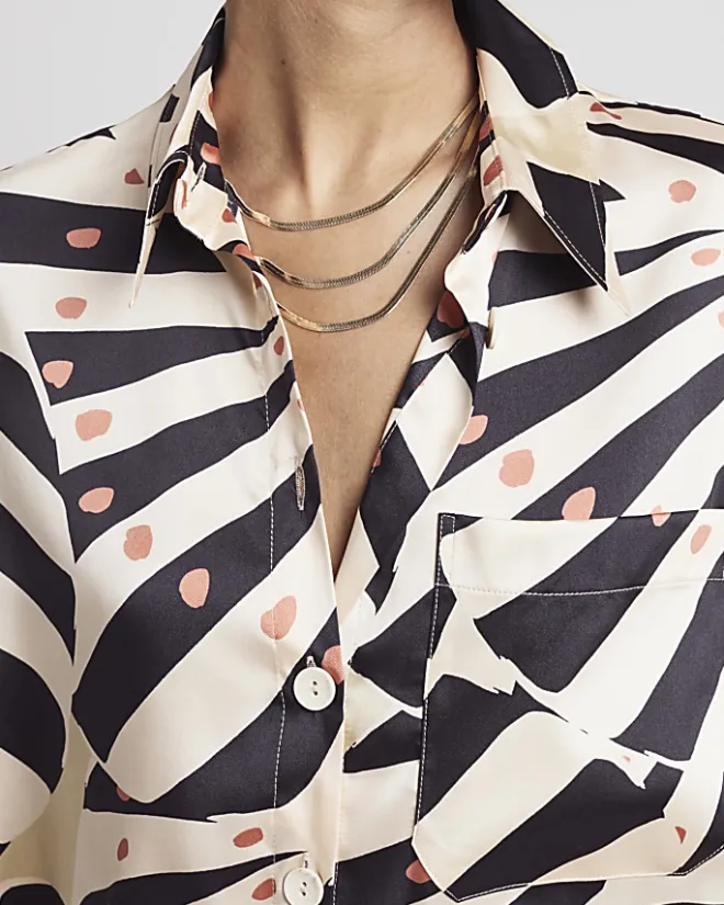 River Island Beige satin stripe oversized shirt Cream New