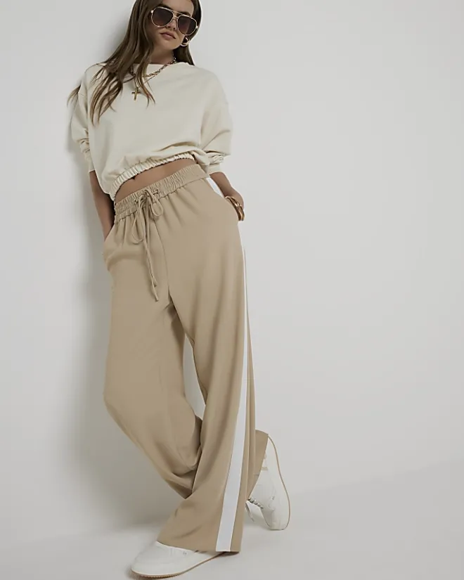 River Island Beige side stripe wide leg joggers Cream New
