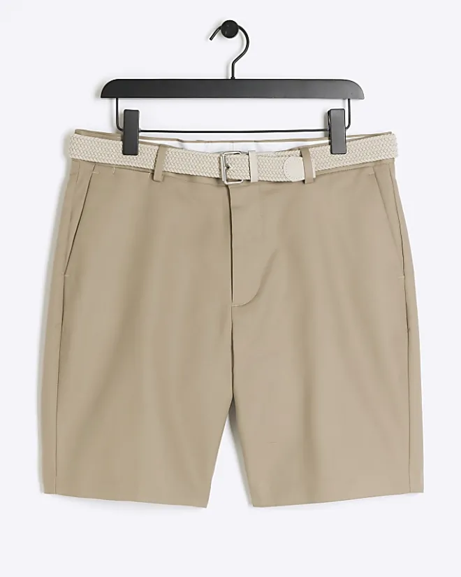 River Island Beige slim fit belted chino shorts Stone Sale