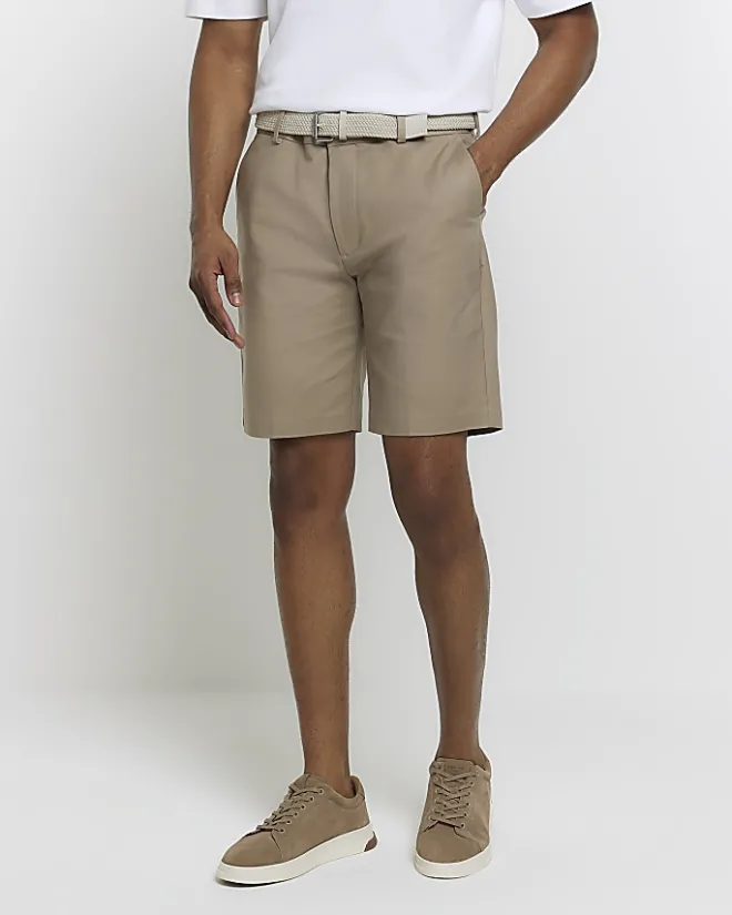 River Island Beige slim fit belted chino shorts Stone Sale