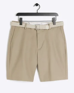 River Island Beige slim fit belted chino shorts Stone Sale