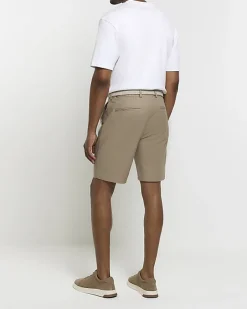 River Island Beige slim fit belted chino shorts Stone Sale