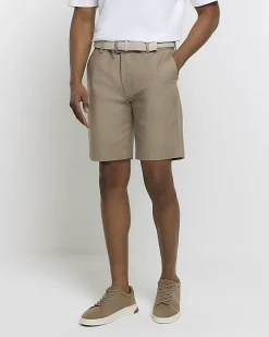 River Island Beige slim fit belted chino shorts Stone Sale