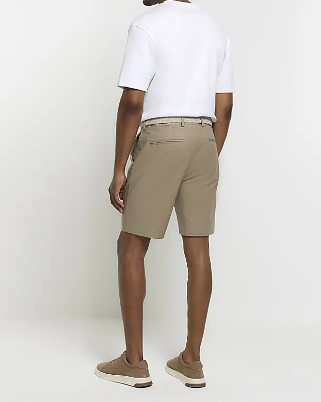 River Island Beige slim fit belted chino shorts Stone Sale