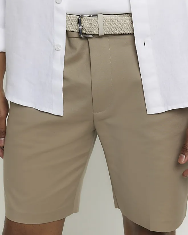 River Island Beige slim fit belted chino shorts Stone Sale