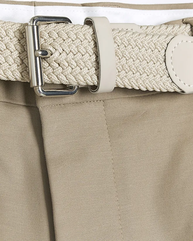 River Island Beige slim fit belted chino shorts Stone Sale