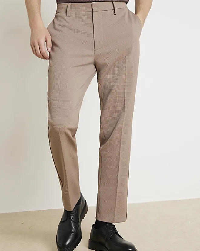 River Island Beige slim fit waffle textured trousers Stone Online