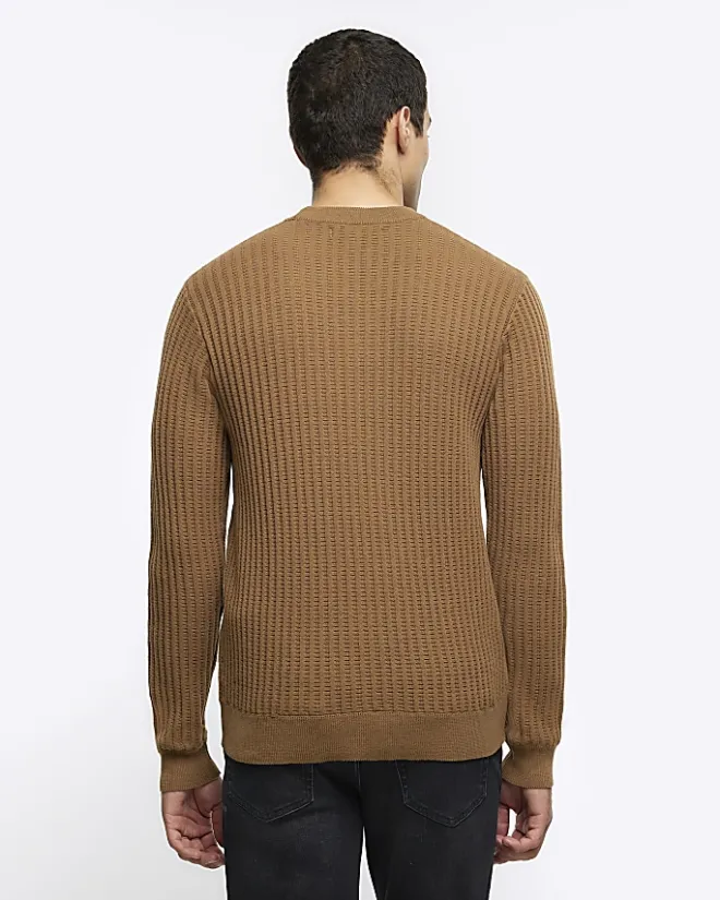 River Island Beige slim fit waffle texture jumper Stone Clearance