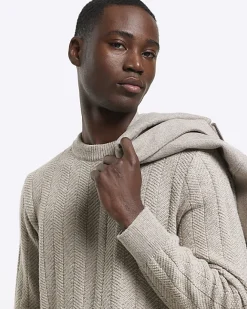 River Island Beige slim fit wool blend crew jumper Stone Outlet