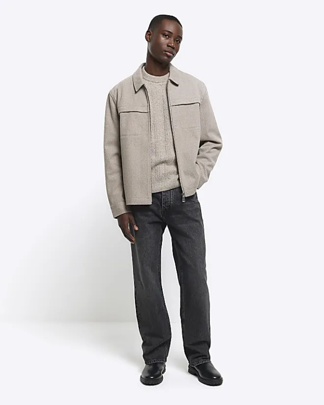 River Island Beige slim fit wool blend crew jumper Stone Outlet