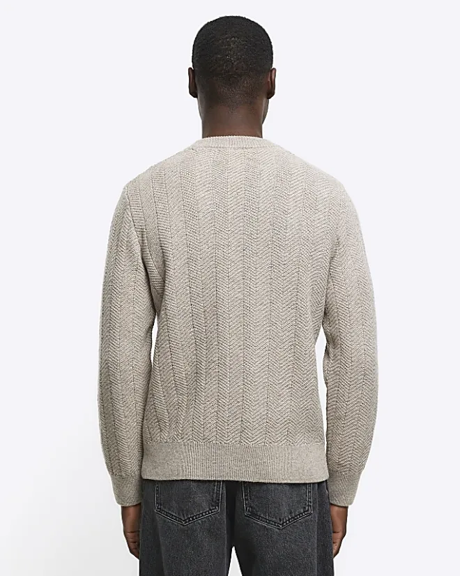 River Island Beige slim fit wool blend crew jumper Stone Outlet