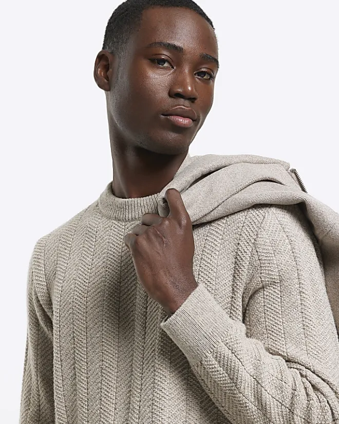 River Island Beige slim fit wool blend crew jumper Stone Outlet