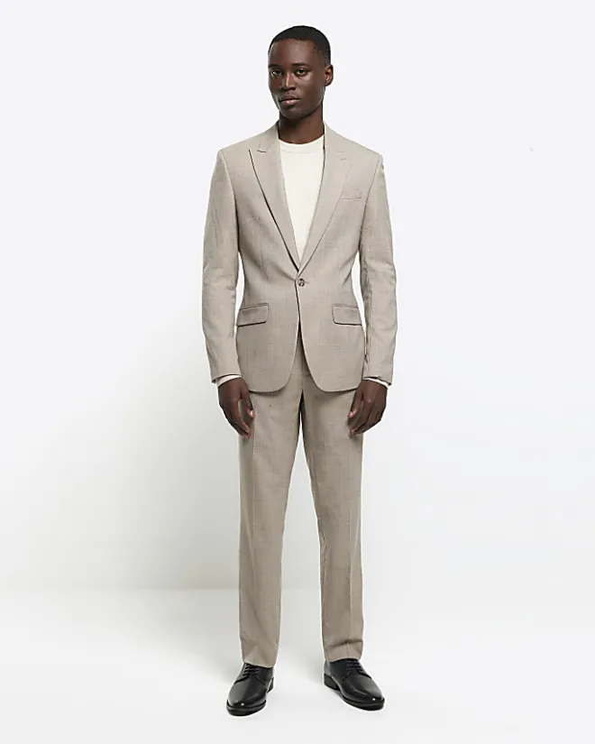 River Island Beige slim fit wool blend suit jacket Stone Outlet