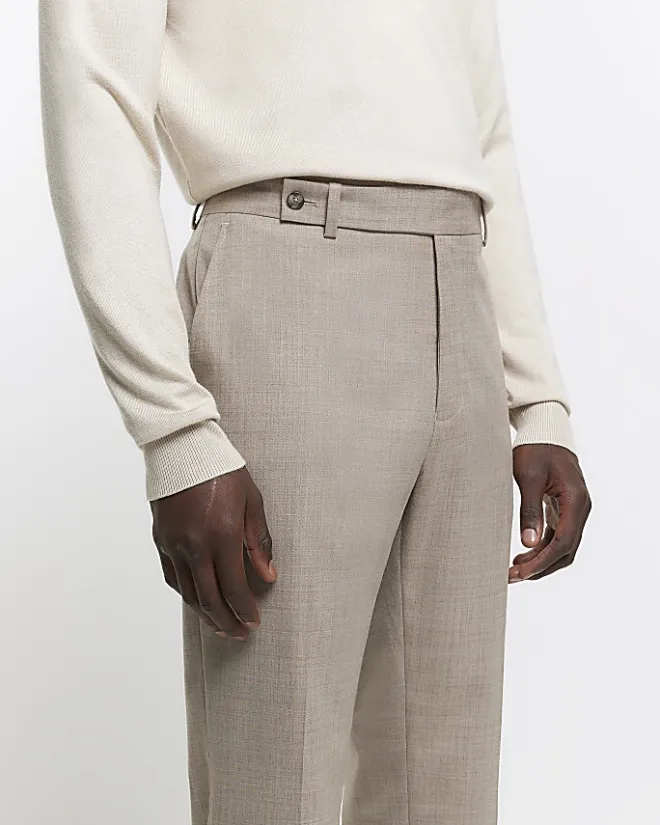 River Island Beige slim fit wool blend suit trousers Stone Clearance