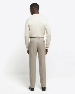 River Island Beige slim fit wool blend suit trousers Stone Clearance