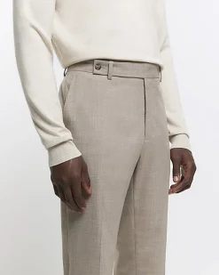 River Island Beige slim fit wool blend suit trousers Stone Clearance