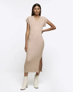 River Island Beige split hem jumper midi dress Cream Sale
