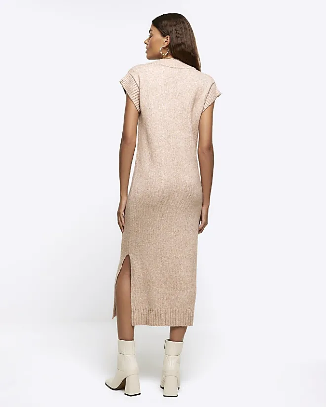 River Island Beige split hem jumper midi dress Cream Sale