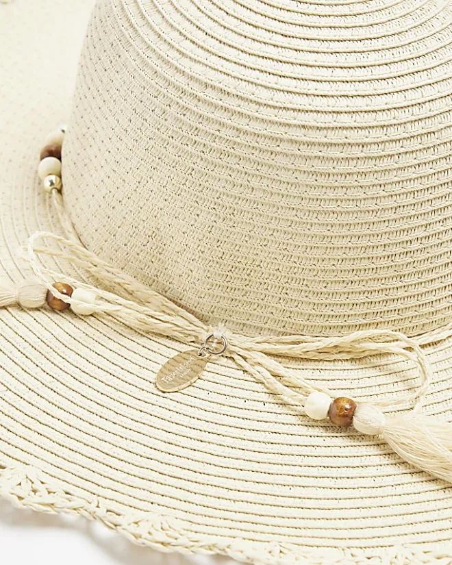 River Island Beige straw beaded hat Cream Hot