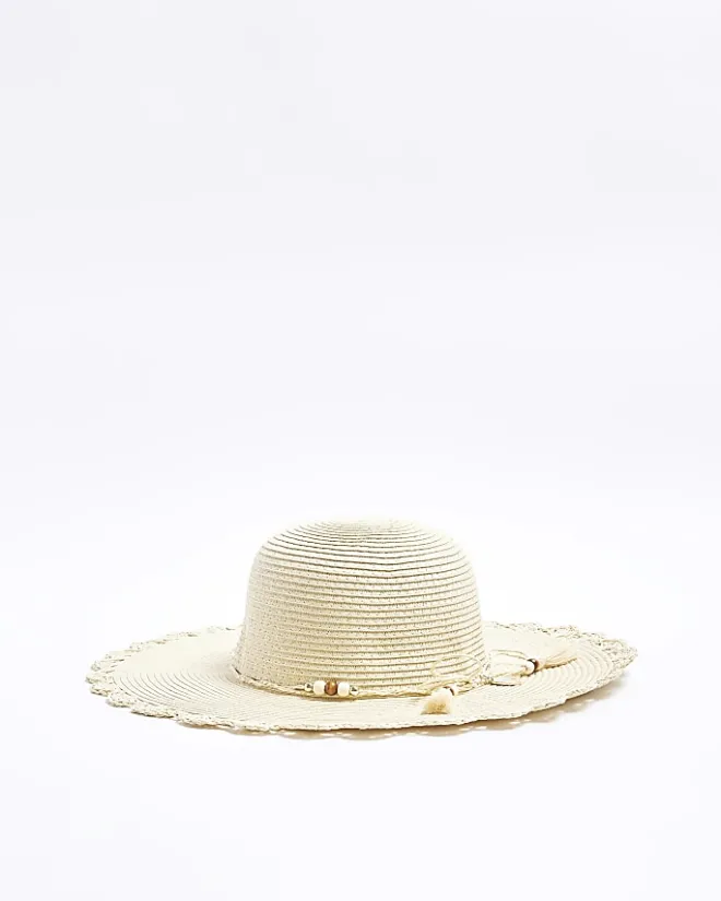 River Island Beige straw beaded hat Cream Hot