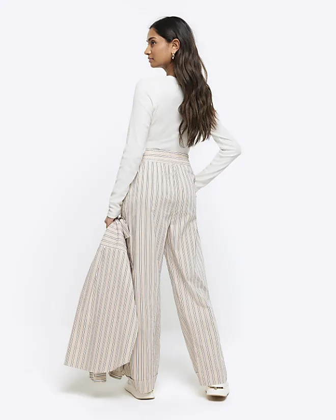 River Island Beige stripe straight pull on trousers Cream Outlet