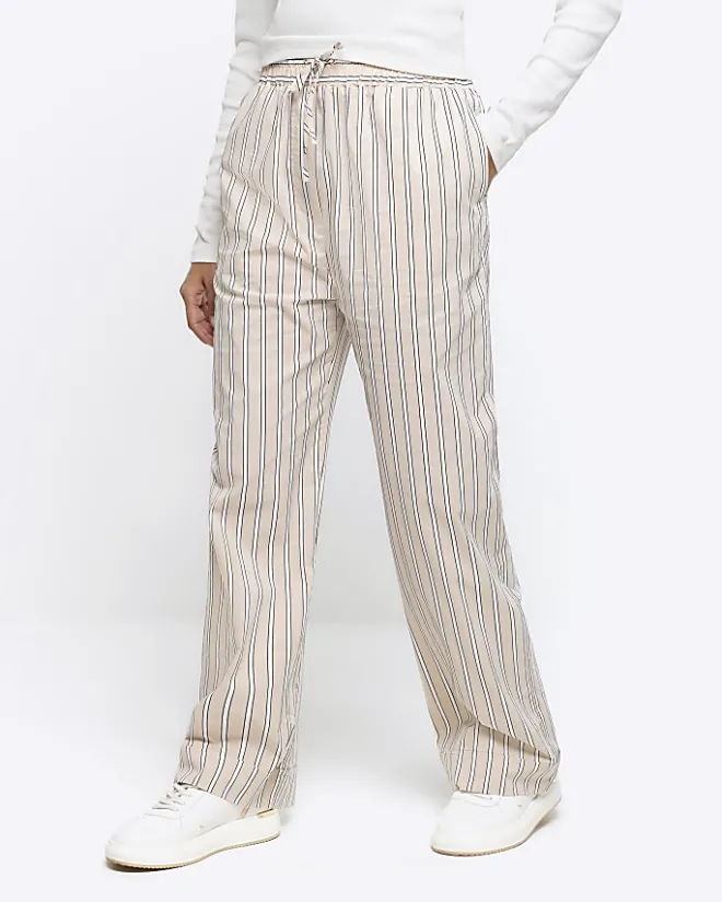River Island Beige stripe straight pull on trousers Cream Outlet