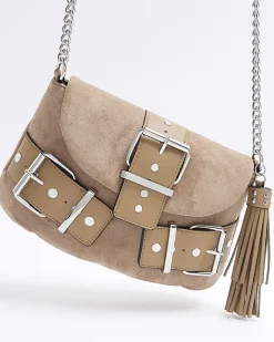 River Island Beige suedette buckle shoulder bag Cream Clearance