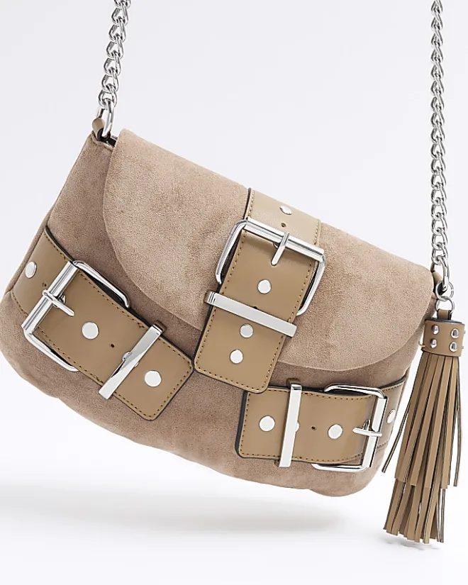 River Island Beige suedette buckle shoulder bag Cream Clearance