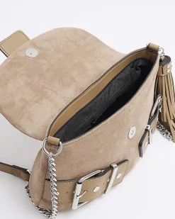 River Island Beige suedette buckle shoulder bag Cream Clearance