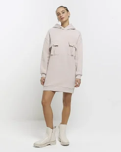 River Island Beige utility hooded sweatshirt mini dress Cream Hot